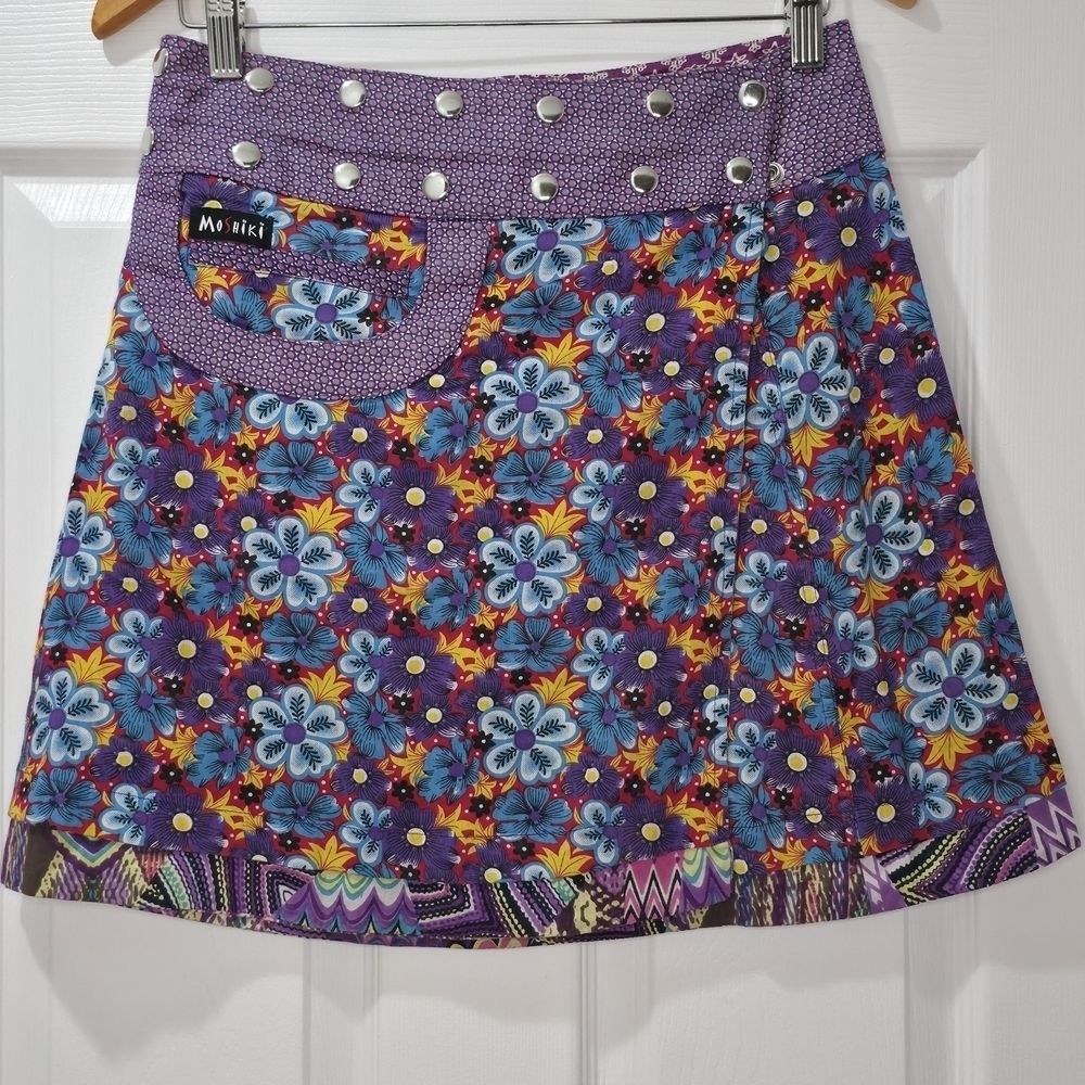 Moshiki (or Miriki/Gugi) Reversible Floral Cotton Wrap Mini Skirt Snap OSFM S-XL